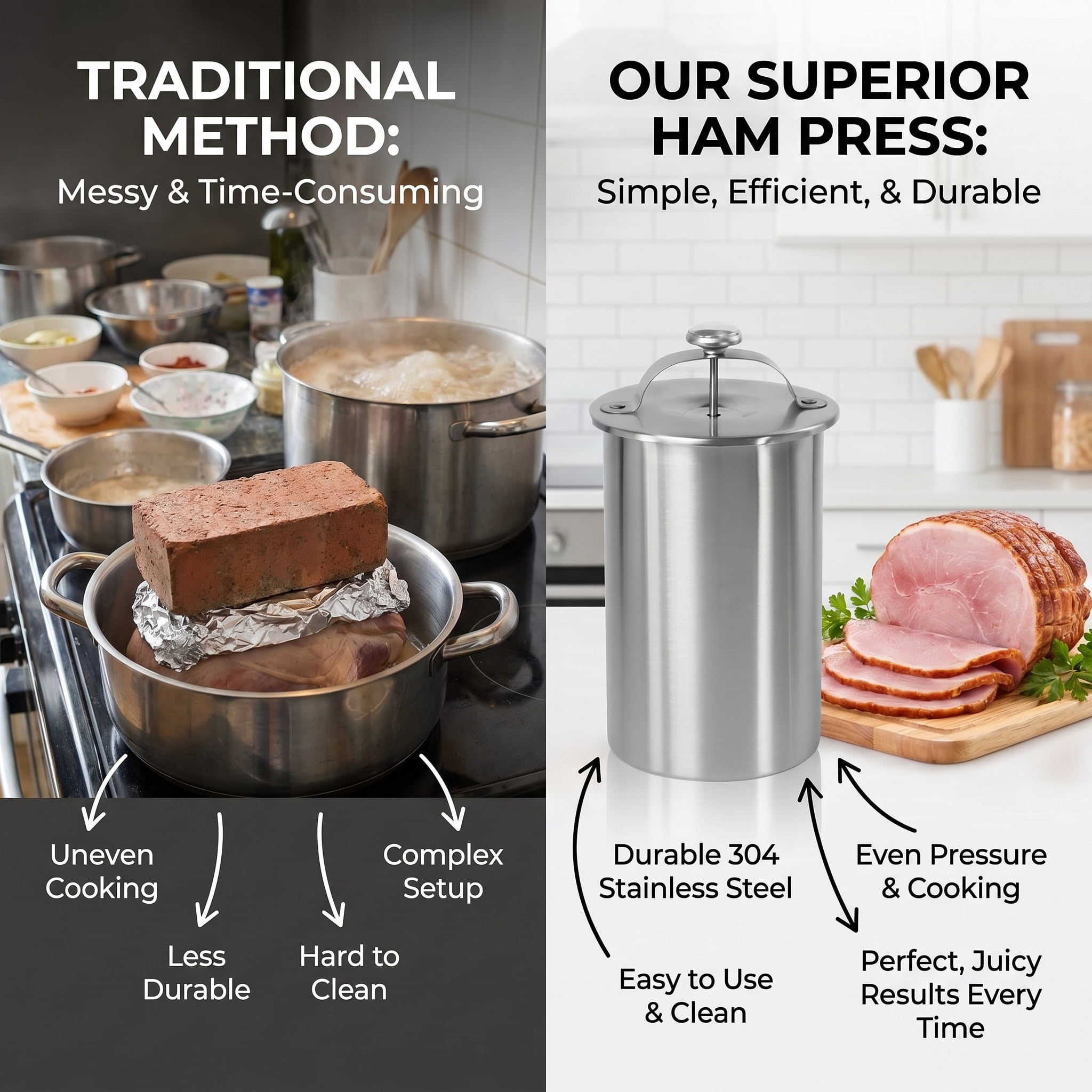 Stainless Steel Ham Maker Meat Press Cooker with Thermometer, DIY Homemade Deli Meat Mold for Bacon and Ham Making, Kitchen Use