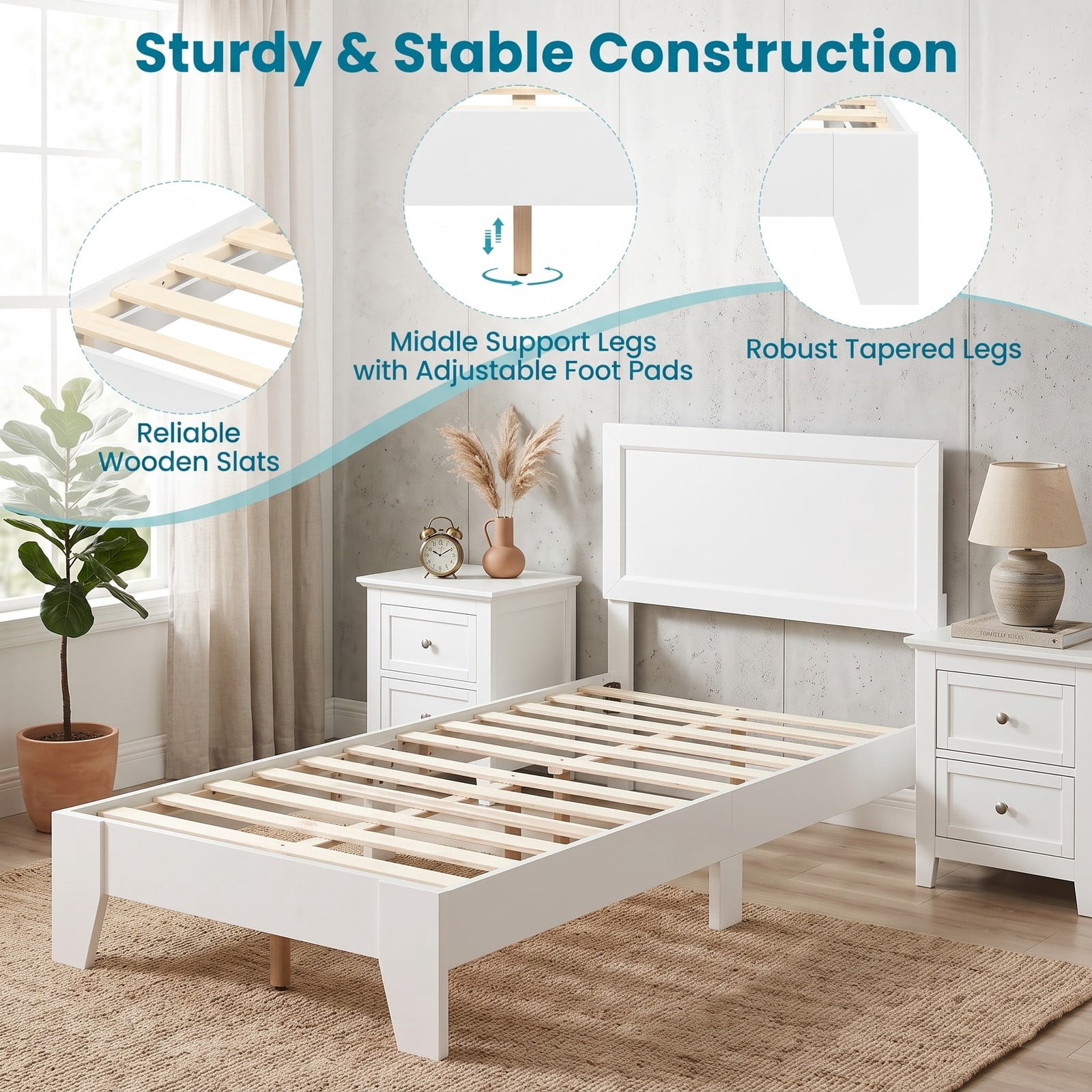 Furnibear Twin Bed Frame Wood Platform Bed with Paneled Headboard, No Box Spring Needed Wooden Platform Bed for Small Rooms, White