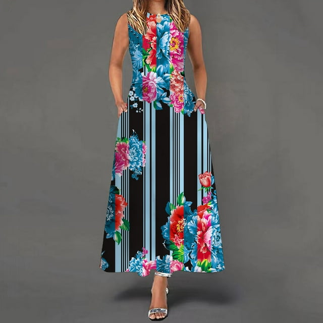 SMihono Robe d'Été Grande Taille pour Femmes 2023 Sans Manches à Col Ras du Cou avec Poche à Fleurs Vintage à Grande Ampleur