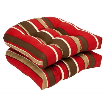 Set of 2 Outdoor Patio Wicker Chair Seat Cushions - Tropical Red Stripe