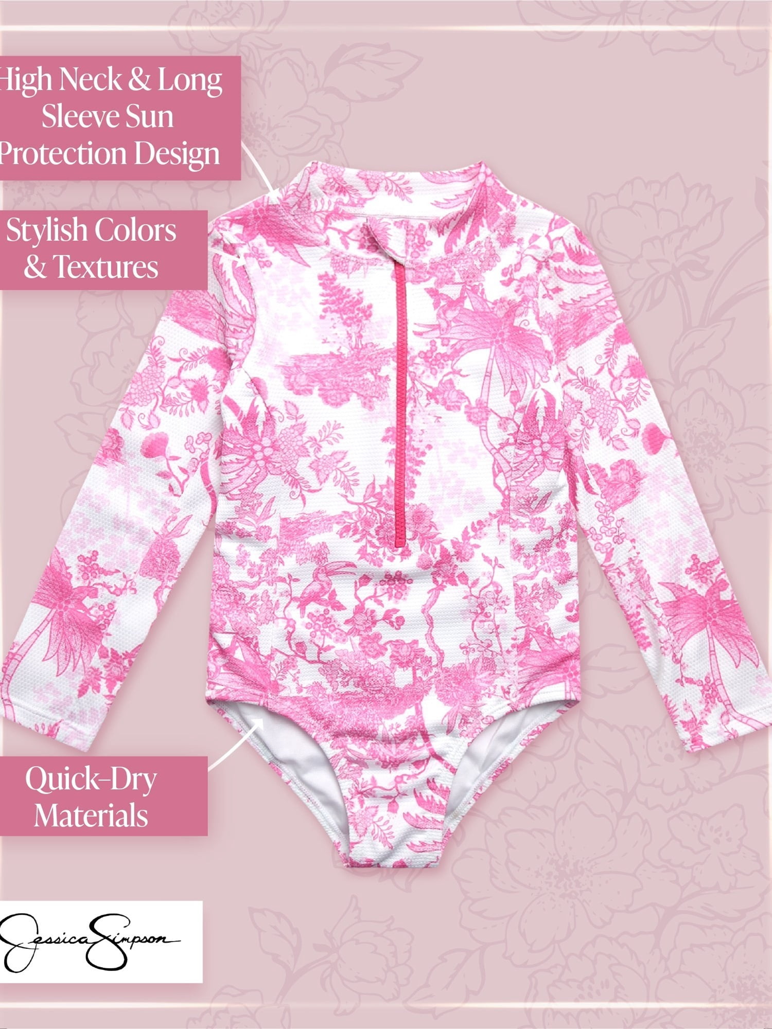 Jessica Simpson Girls' Long Sleeve Rashguard One-piece Swimsuit, Sizes 4-16