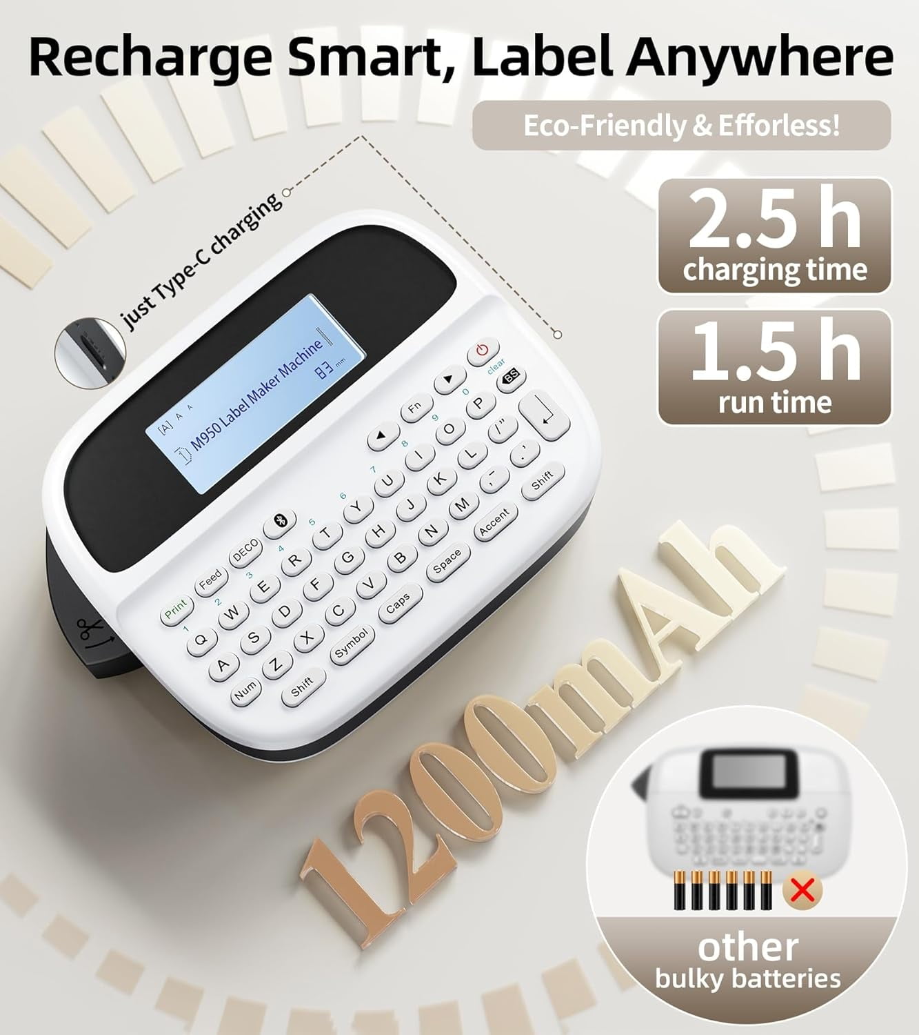 Phomemo M950 Label Maker – Bluetooth Waterproof Label Maker with QWERTY Keyboard, USB-C Rechargeable Handheld Printer, Replace P-HTM950 for School, Home & Office