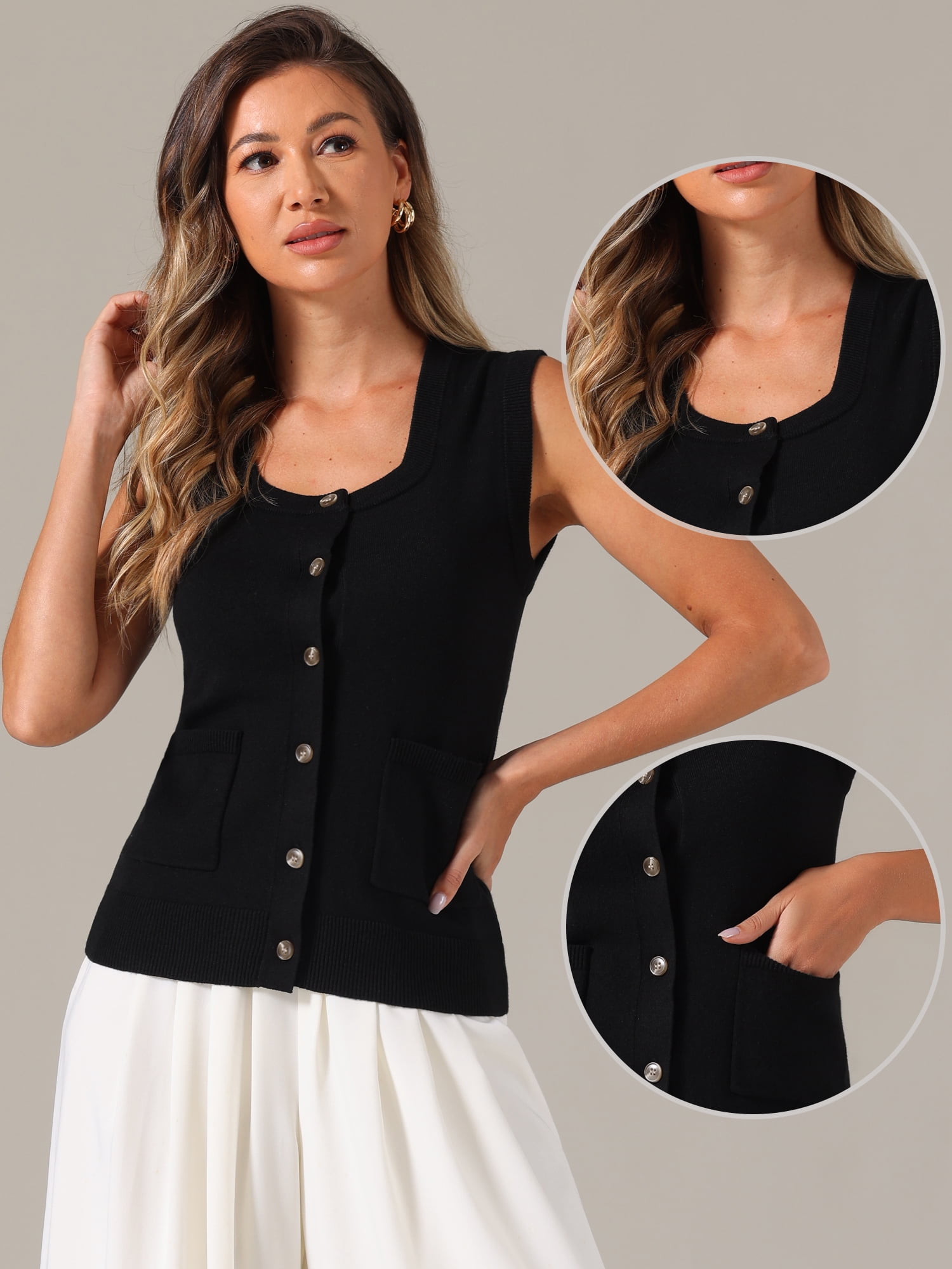 DARING DIVA Women's Sweater Vest Button Ribbed Knitted Tank Top XL Black