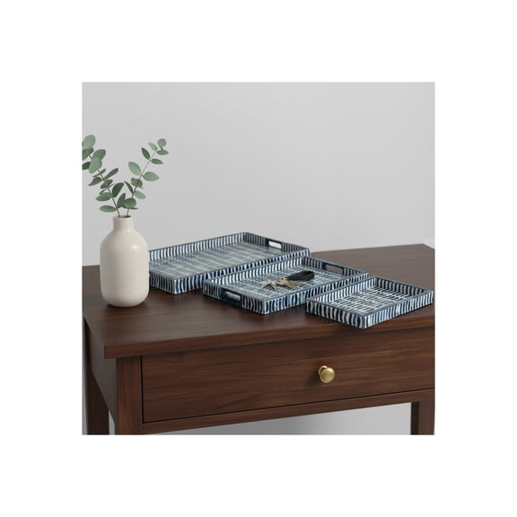 House Decor Trays for Bed or Coffee Table - Coastal Trays with Unique Brushstroke Design for Jewelry, Trinket, or Bathroom Vanity - Centerpiece Table Decorations - Set of 3, 2", Blue & White