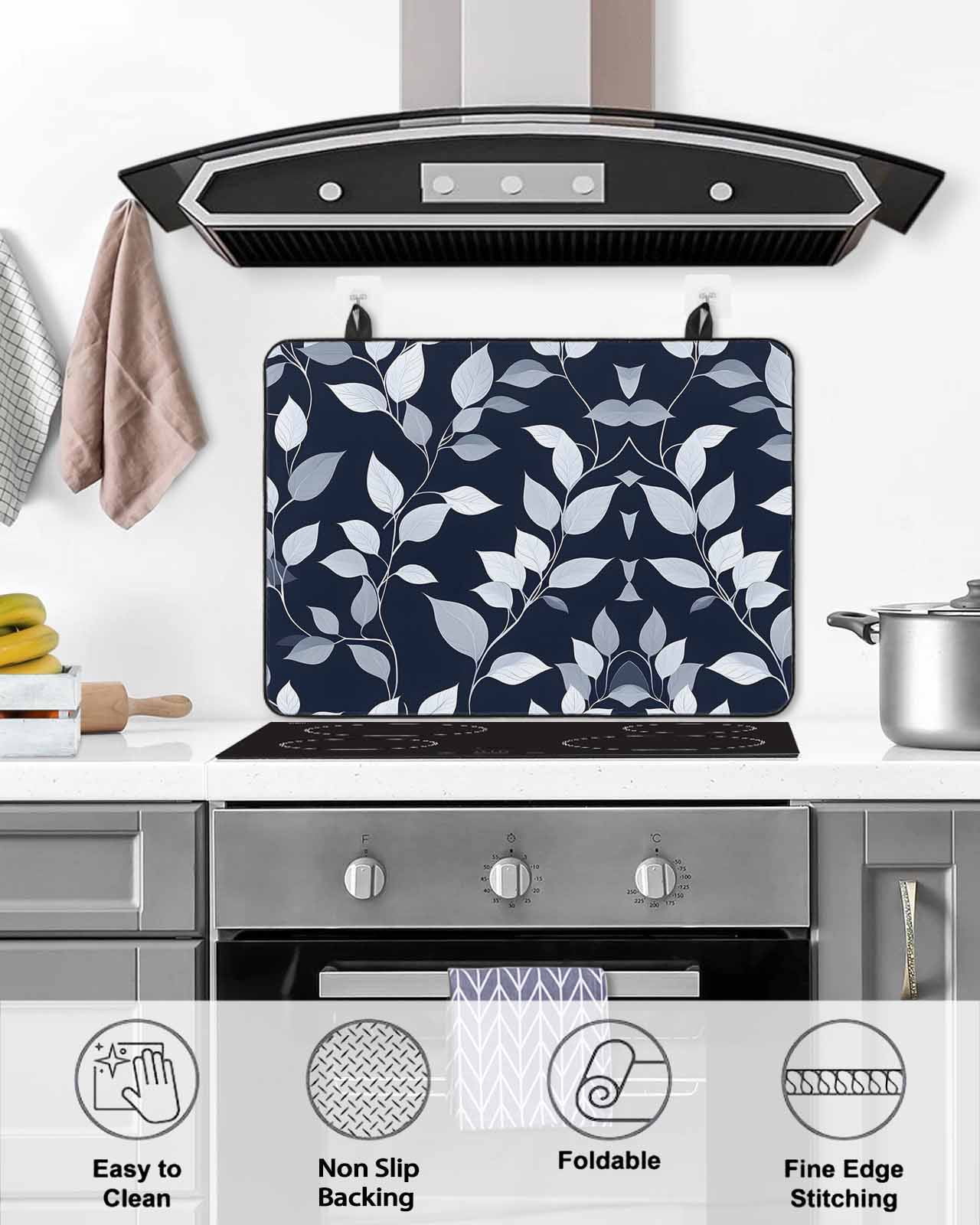 nqOlkjepod Large Induction Cooktop Protector Mat 36"x21", Blue White Eucalyptus Stove Top Covers for Electric Stove, Spring Summer Watercolor Leaf Stove Burner Cover Mats, Glass Top Stove Cover