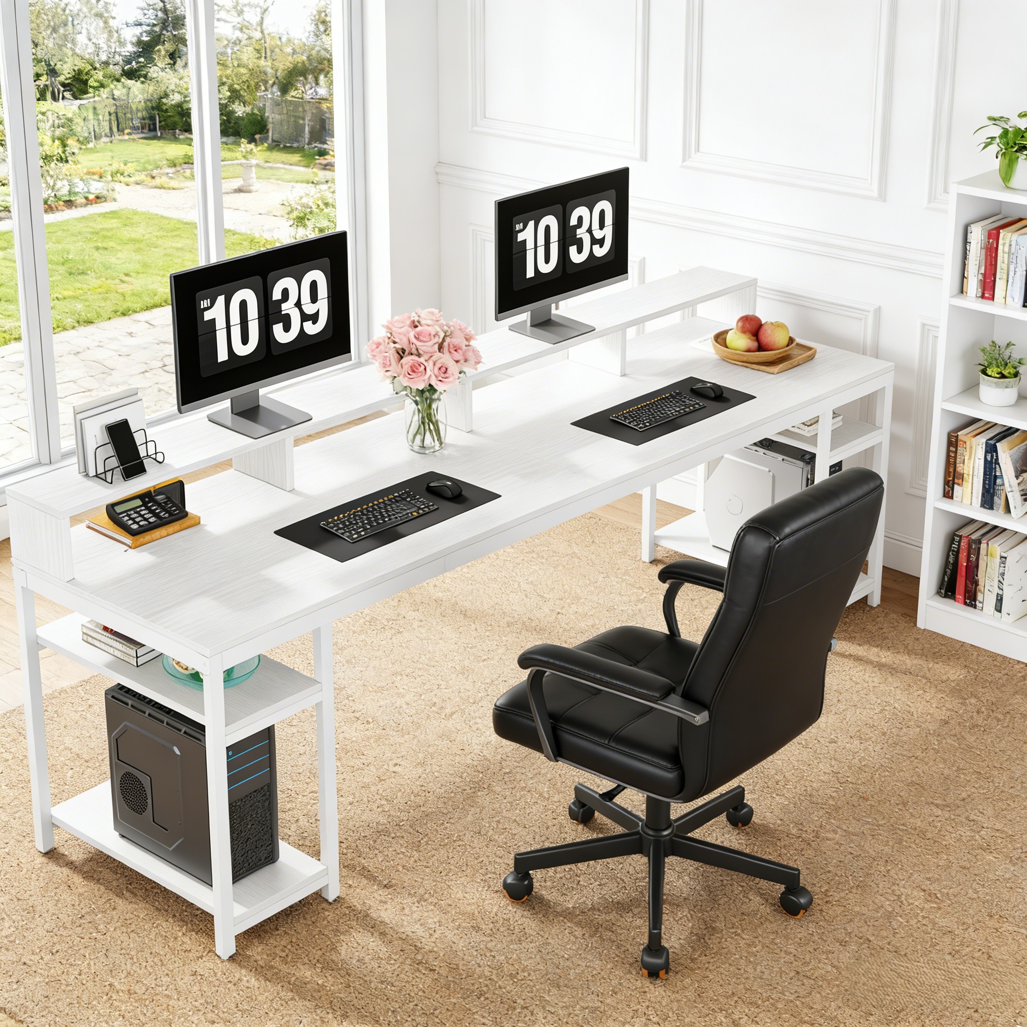 Fnova 78.74" Long Computer Desk with Monitor Stand and Storage Shelves, Industrial Home Office Writing Desk for 2, White