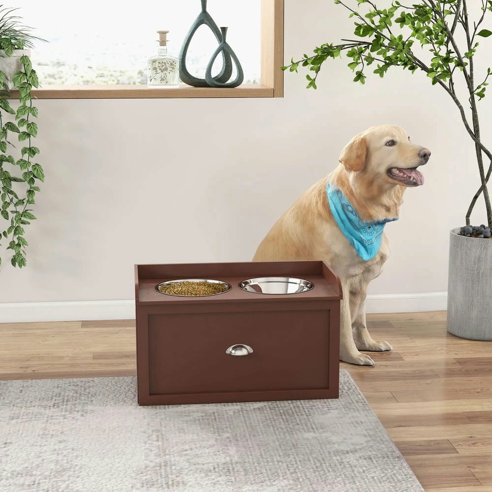 YYAo Dog Bowls, Dog Bowl Stand,Dog Food Bowls, Pet Feeding Station Pet Dish Bowl Set with Storage, 2 Elevated Dog Bowls for Large Sized Dogs, Brown