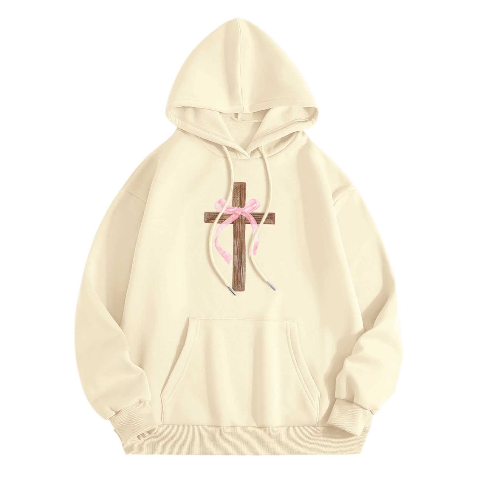 XIAOCHA Womens Hoodies Long Sleeve Cross Pink Bows Print Hooded Sweatshirts Loose Fit Kangaroo Pocket Drawstring Pullover Hooded