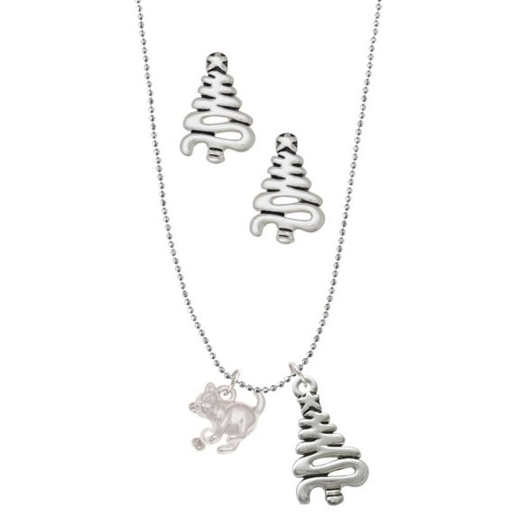 Delight Jewelry Silvertone Cat with Yarn Silver tone Zig Zag Christmas Tree Charm Necklace and Stud Earrings