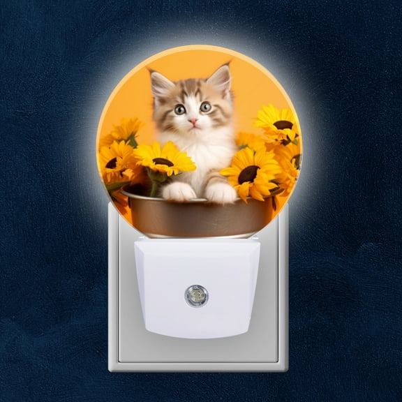 Night Light Plug into Wall,Dusk to Dawn Sensor Auto-On/Off for Bathroom, Hallway,Kids Room-Cat And Sunflowers In Basket