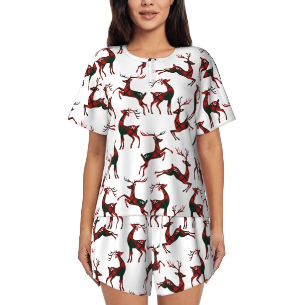 Balery Christmas Plaid Moose Conjunto de Pijama para Mujer con Estampado, Dos Piezas de Manga Corta y Shorts, Ropa de Dormir Suave con Cuello Redondo y Bolsillos-Large