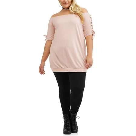 Juniors' Plus Short Sleeve Lace Up Off Shoulder Sweatshirt Dress