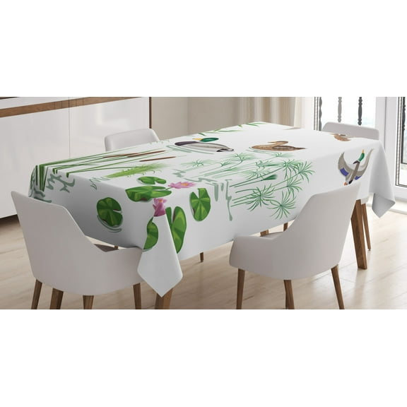Ambesonne Duck Tablecloth Rectangular Table Cover, Lake Animals Plants, 52"x70", White Green