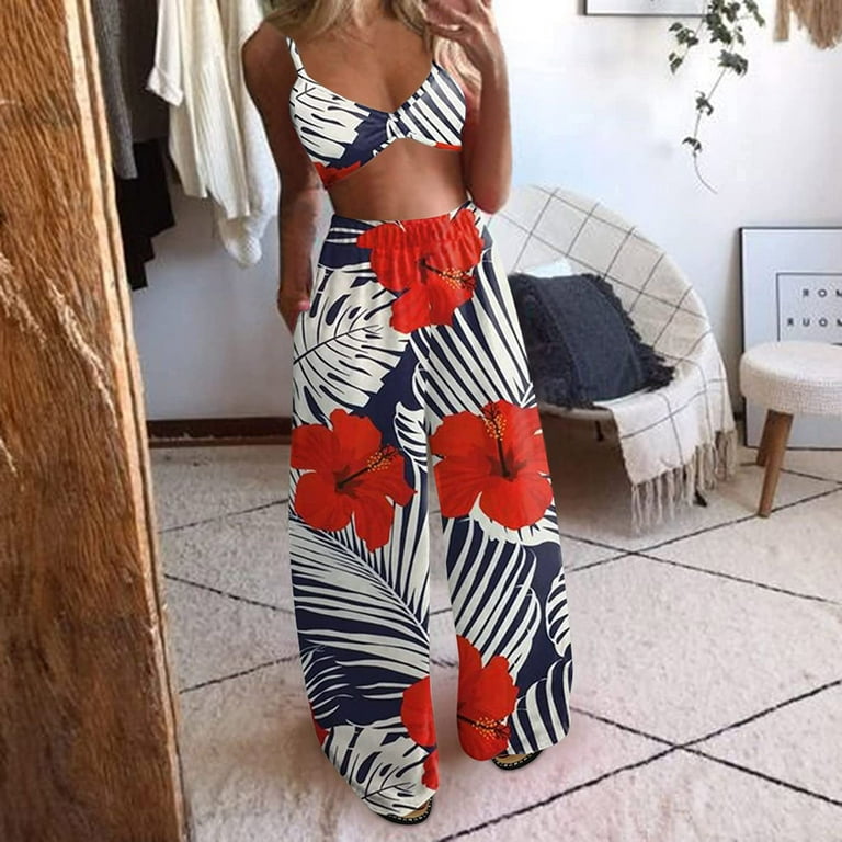 Women's 2 Piece Boho Summer Outfits Bohemian Floral Butterfly Print Sexy  Crop Tops Wide Leg Loose Palazzo Pants 2Pcs Set