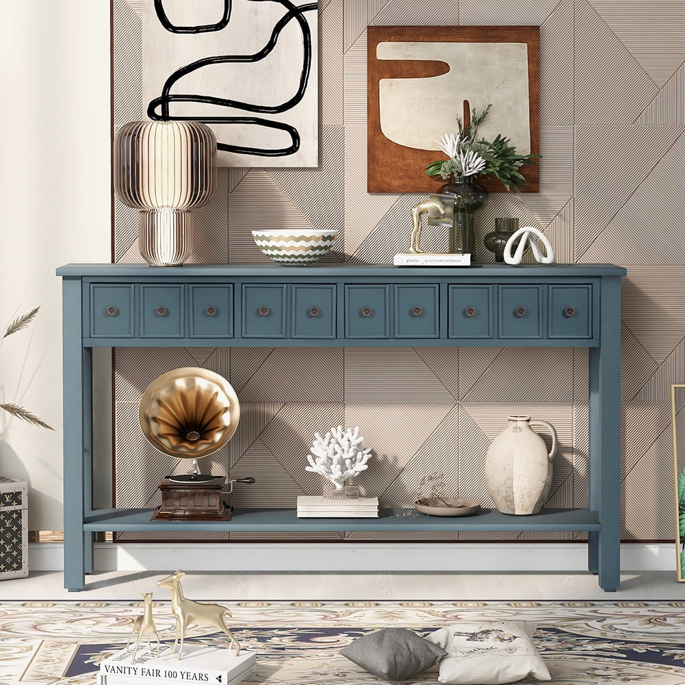 Resenkos 60" Mid-Century Modern Console Table with Two Different Size Drawers, Navy Blue Resenkos 60" Mid-Century Modern Console Table with Two Different Size Drawers, Navy Blue