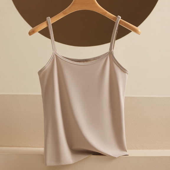 Mifsaly Plus Size Cami with Built In Bra for Women Adjustable Spaghetti Strap Tank Tops Stretchy Basic Layering Seamless Summer Casual Camisole Khaki,XXXXL