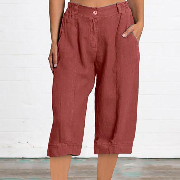 Womens Cotton Linen Straight Leg Pants Solid Color Buckle Capri Pant with Pockets Summer Comfy Loose Lounge Trousers