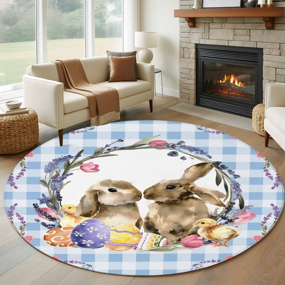 Round Area Rug 7 Ft, Easter Bunny Washable Non-Slip Circle Carpet for Living Room/Bedroom, Spring Easter Eggs Chick Floral Blue Check Low-Profile Large Runner Mat Collection Rugs for Indoor