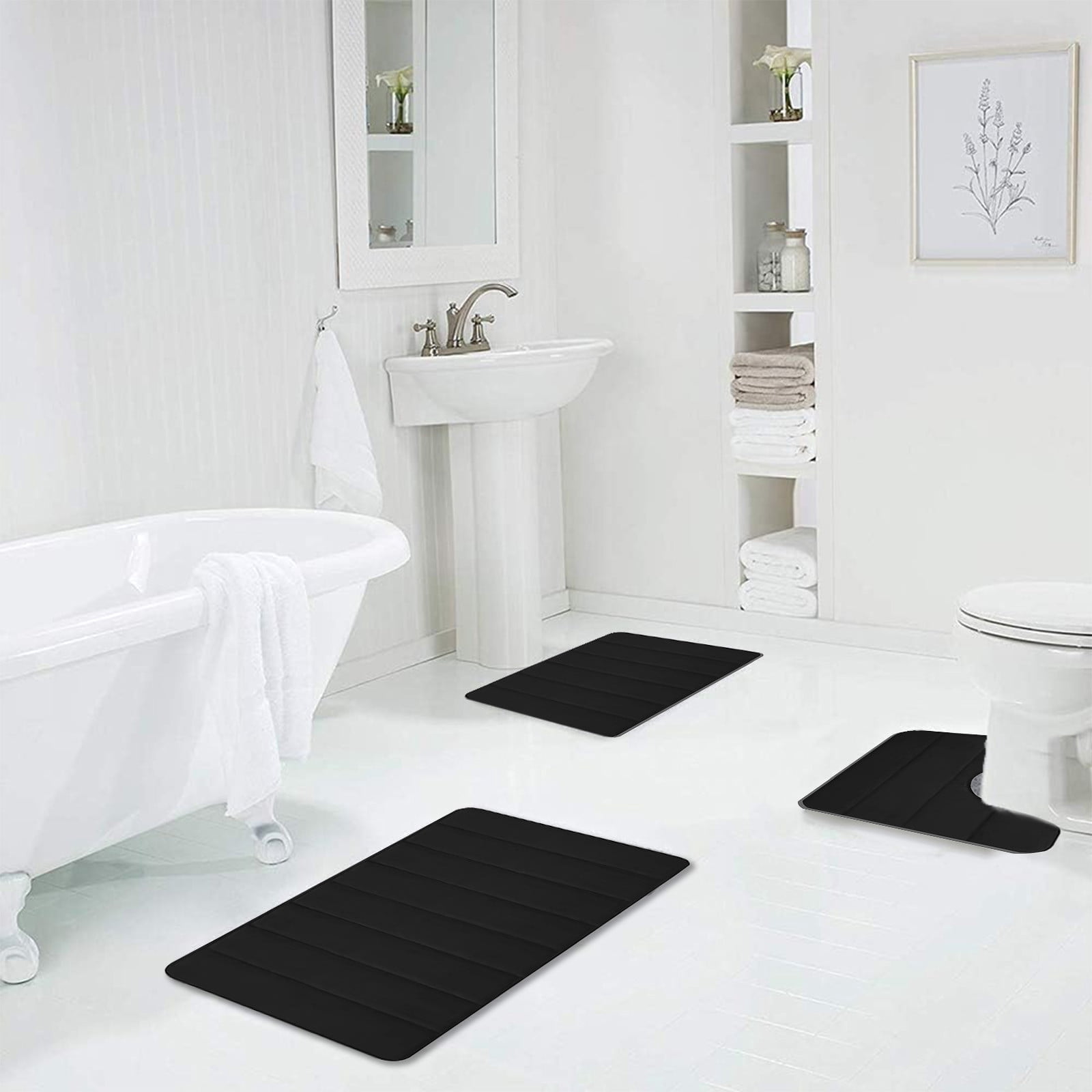Meitianfacai Memory Foam Bath Mat Set, Thicken, Absorbent, Non-Slip, Reboundable, 3 Pieces Bathroom Rug 23.6"x15.7"+ 16.5"x14.9"+ U 19.7"x15.7" (Black)