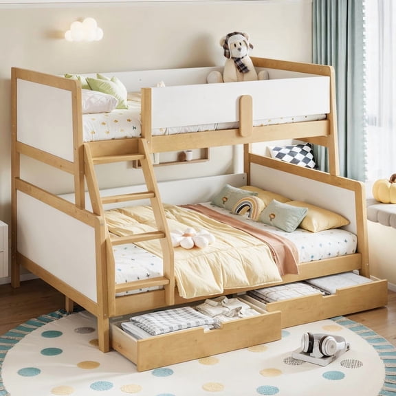 HICOMILA Twin over Full Bunk Bed with Storage Drawers, Solid Wood Bunk Bed with Support Slats, and Convertible Design, White Natural