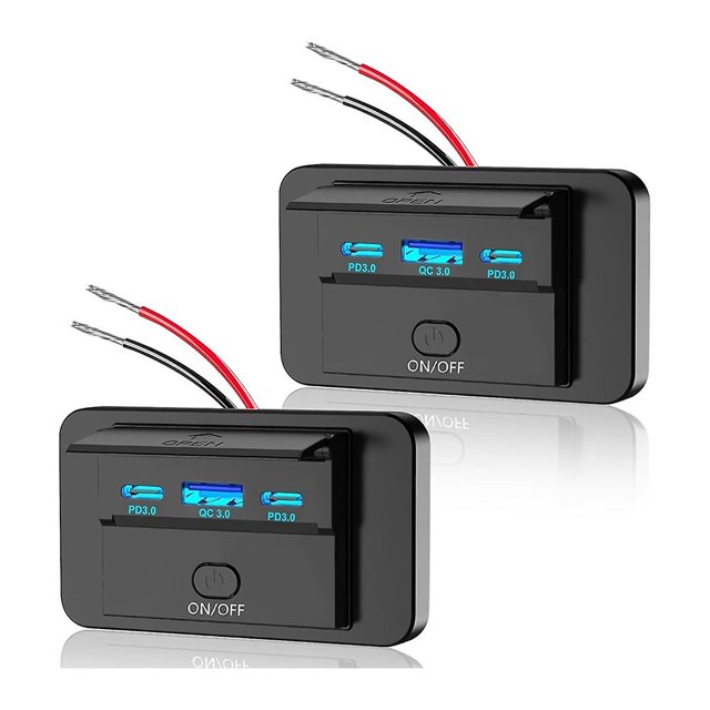 2PCS 3-Port 12V RV USB Charger 90W with PD3.0 Type-C & QC3.0 Wall Mount