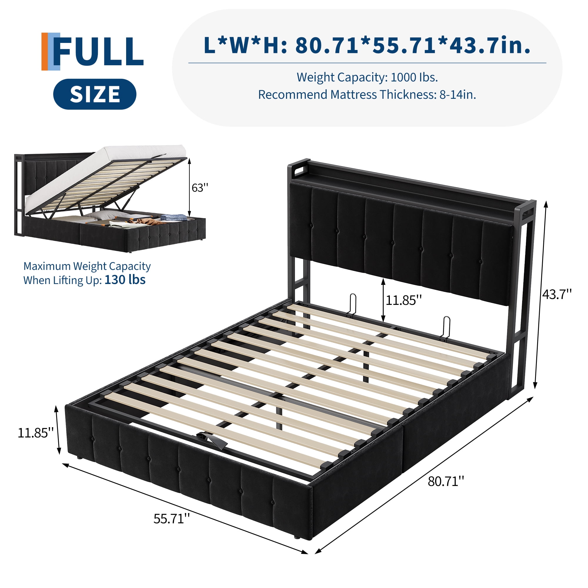 Full Lift Up Storage Bed Frame,Upholstered Platform Bed with Storage Headboard,Hydrualic Underneath Storage,No Box Spring Needed,Easy Assembly