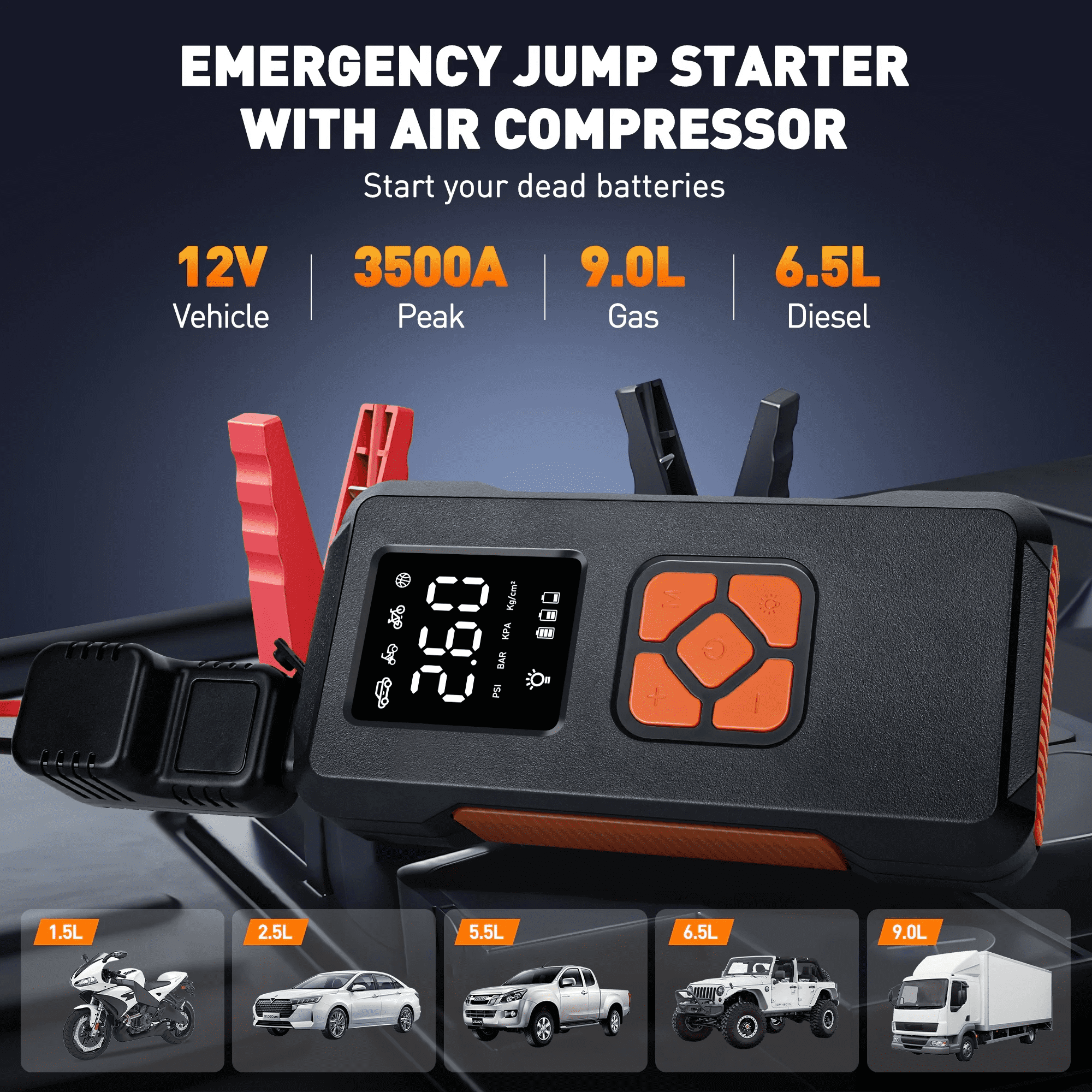 Jump Starter with Air Compressor, 3500A Portable Car Battery Jump Starter with 150PSI Tire Inflator (All Gas/10L Diesel), 12V Jump Box Portable Jumper Cables with LCD Display & Flashlight