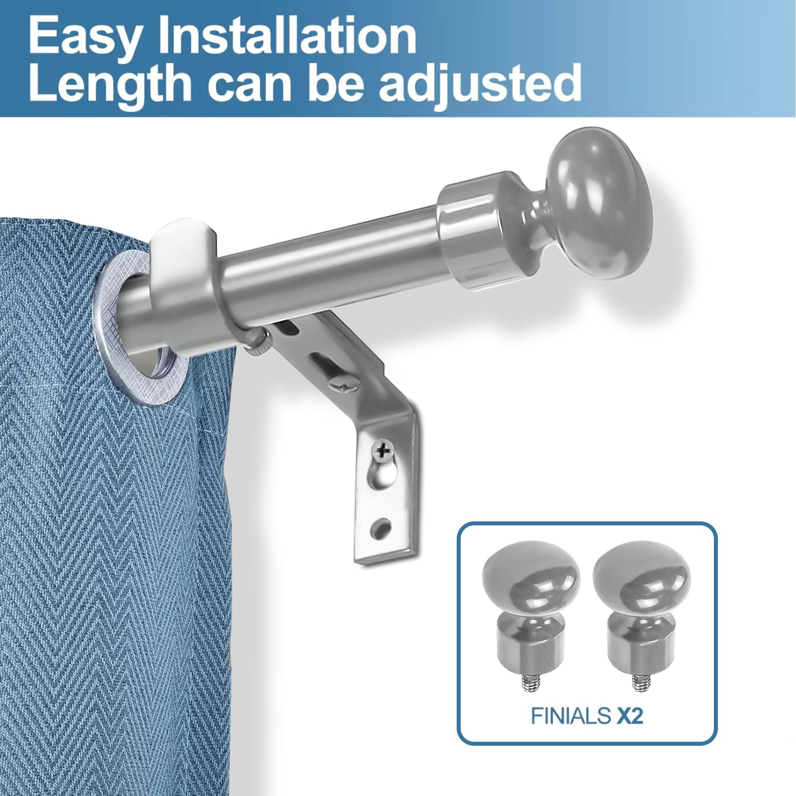 Urbanest Oval Designer Single Curtain Rod – Decorative Metal Finials, 5/8" Diamter Drapery Hardware Set Window Treatments, 48" to 84", Antique Silver/Pewter