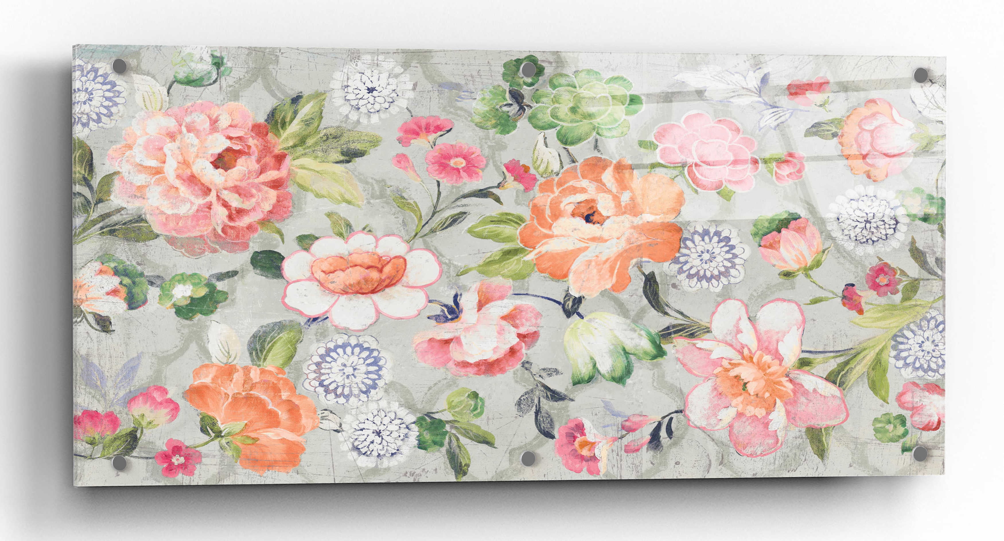 Summer Garden Floral Acrylic Painting Print in Gray and Orange