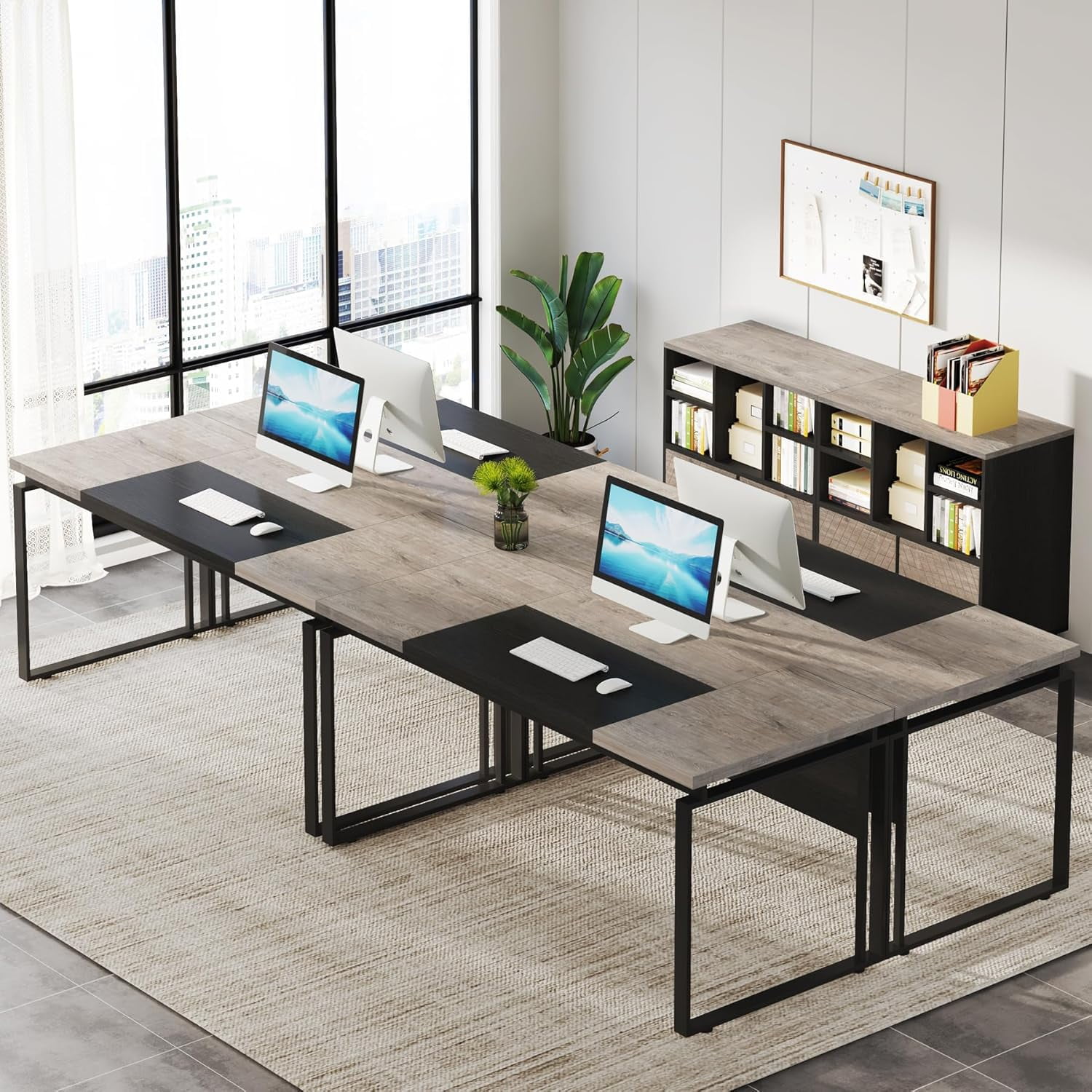 L-Shaped Executive Desk with Reversible File Cabinet, 3" Office Desk with Storage Drawers, Grey