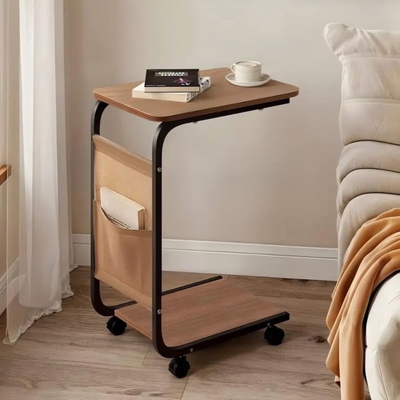 A wheeled double-layer storage sofa side table, coffee table and bedside sofa. It features a sturdy metal frame, saves space and is easy to move, with 360° rotatable C-shaped wheels.