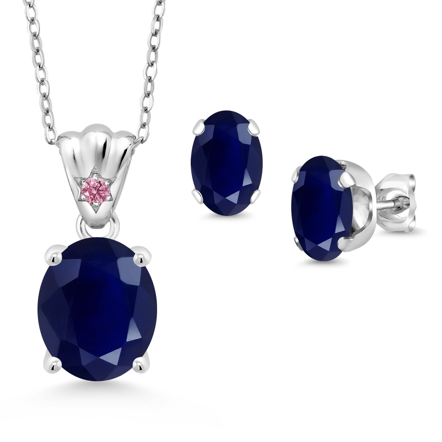 925 Sterling Silver Blue Sapphire and Pink Lab Grown Diamond Pendant and Earrings Jewelry Set for Women (8.14 Cttw, Gemstone Birthstone, Oval 11X9MM and 8X6MM with 18 inch Silver Chain)