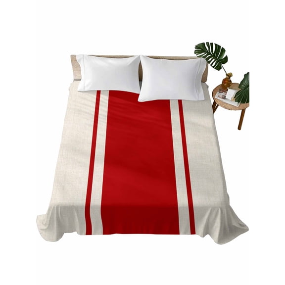 Twin XL Flat Sheet 66"x102", Red Vintage Soft Lightweight Bedding Flat Sheets Only, Geometric Stripes Simple Lines Brushed Microfiber Top Bed Sheet, Breathable StainResistant Bedsheets