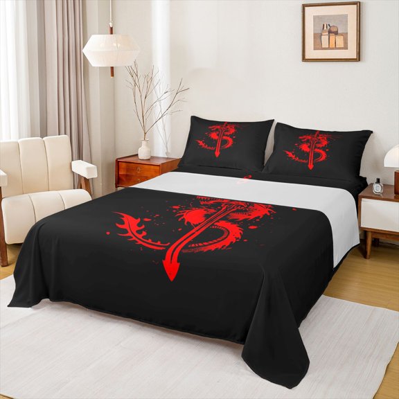 Feelyou Watercolor Dragon Twin Sheet Sets, Red Splash Graffiti Animal Twin Fitted Sheet, Teens Kids Boys Girls Flat Sheet, Ultra Soft Bedroom Decor, 3-Piece