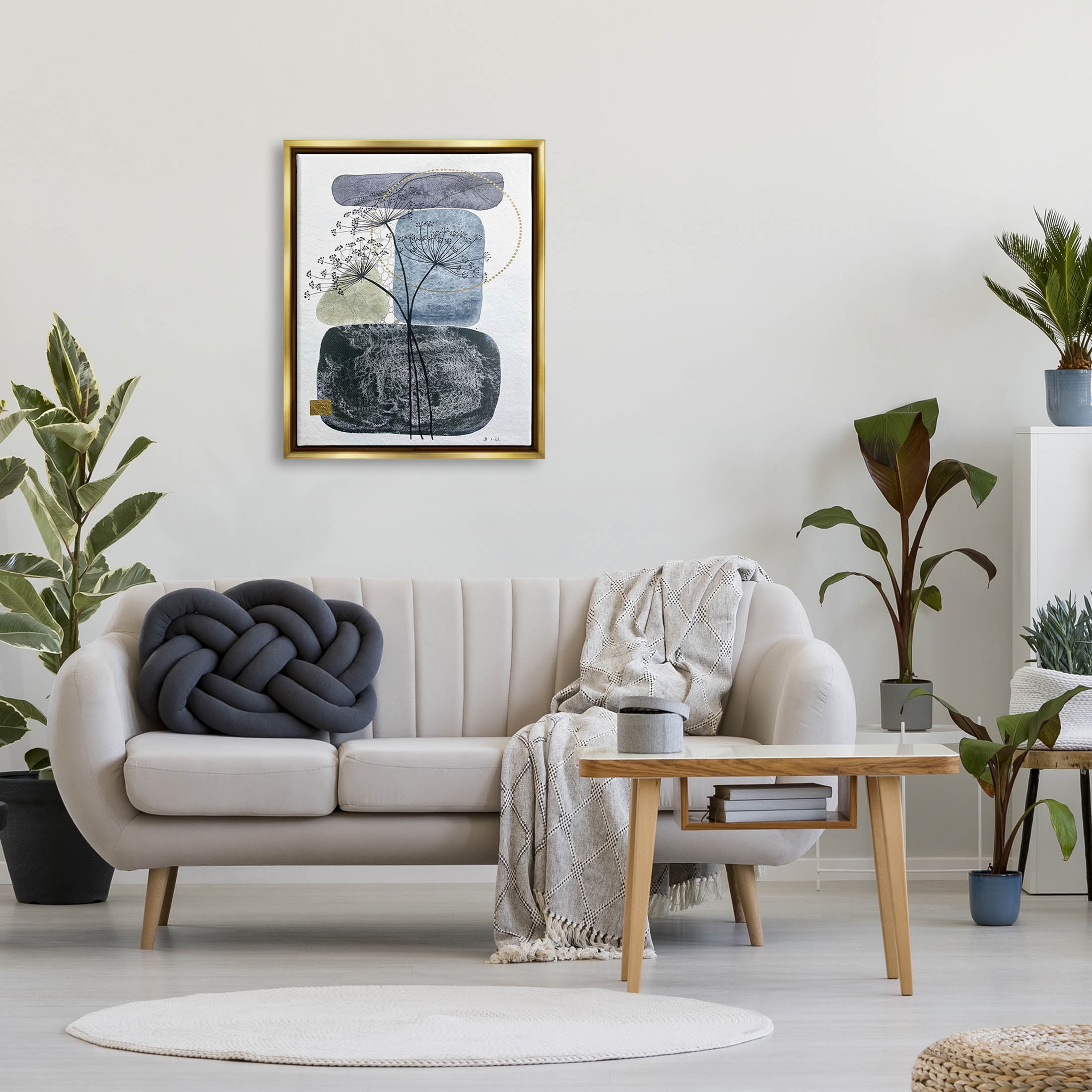 Modern Layered Botanical Pebbles Abstract Graphic Art Metallic Gold Framed Art Print Wall Art