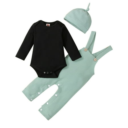 

Baby Girls Boys Ribbed Autumn Long Sleeve Romper Jumpsuit Suspender Pants Hat Set Clothes