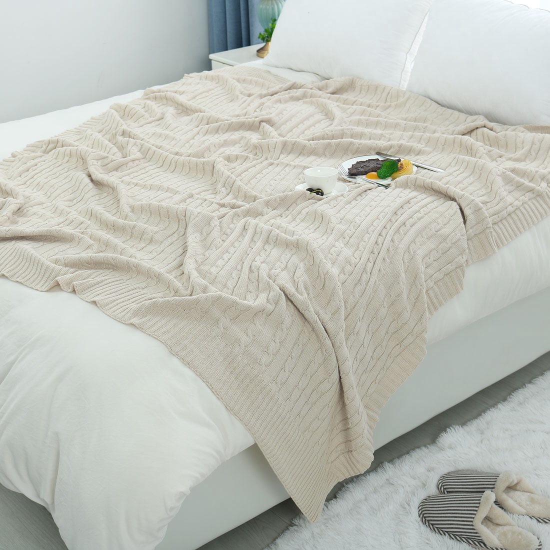 Unique Bargains Cable Knitted Bed Sofa Throw Blanket Beige 71"x79"