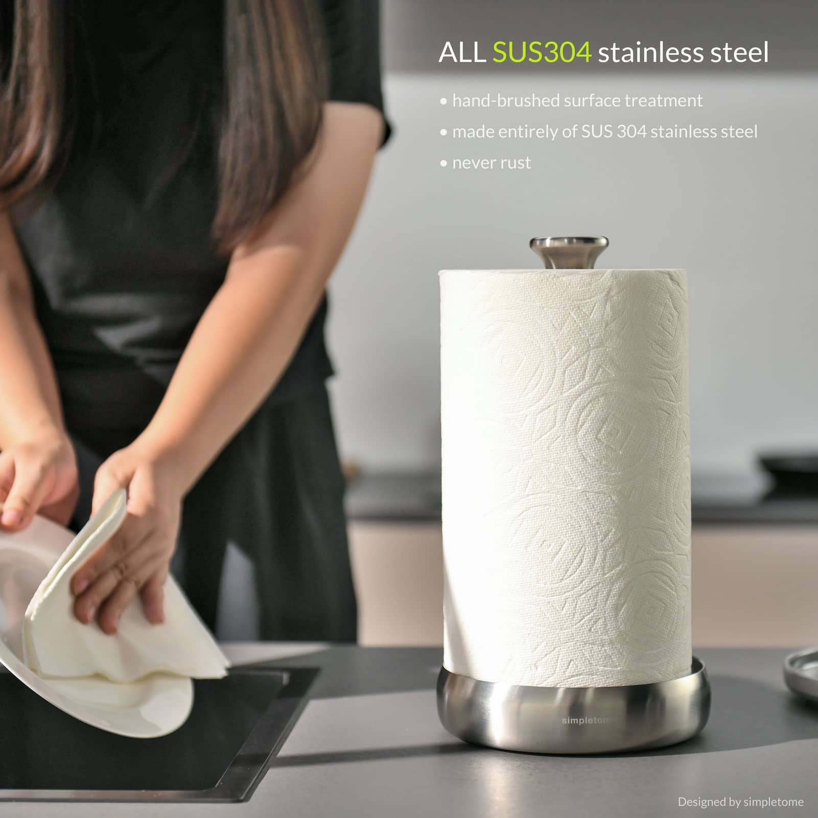 simpletome Paper Towel Holder Countertop ONE HAND Tear Keep It Rolled Up Weighted Base