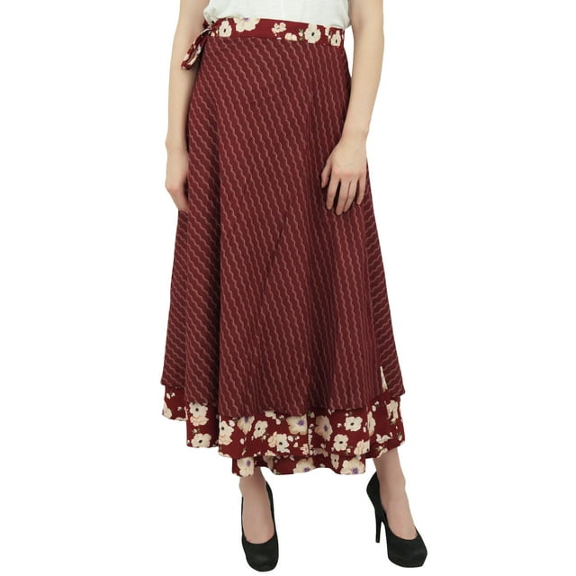 Phagun Jupe Longue Réversible en Coton Bordeaux Imprimé Floral pour l'Été