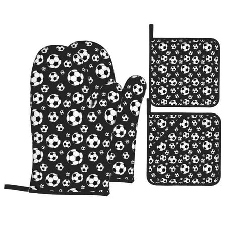 

Oven Mitts and Pot Holders Sets 4 pcs soccer Football black Non-Slip Oven Gloves Potholders Soft Quilted Lining Heat Resistant Gloves Hot Pads for Kitchen Cooking Baking