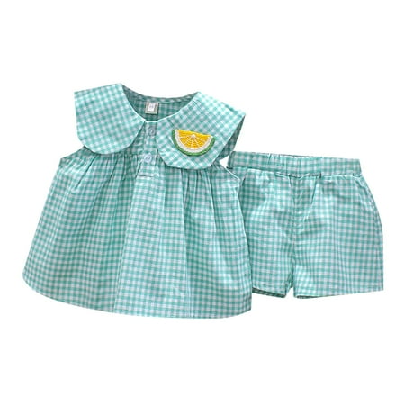 

GWAABD Toddler Baby Girl Outfit Green Cotton Blend Summer New Small and Medium Sized Girls Fruit Pattern Short Sleeved Shorts Casual Two Piece Set 80