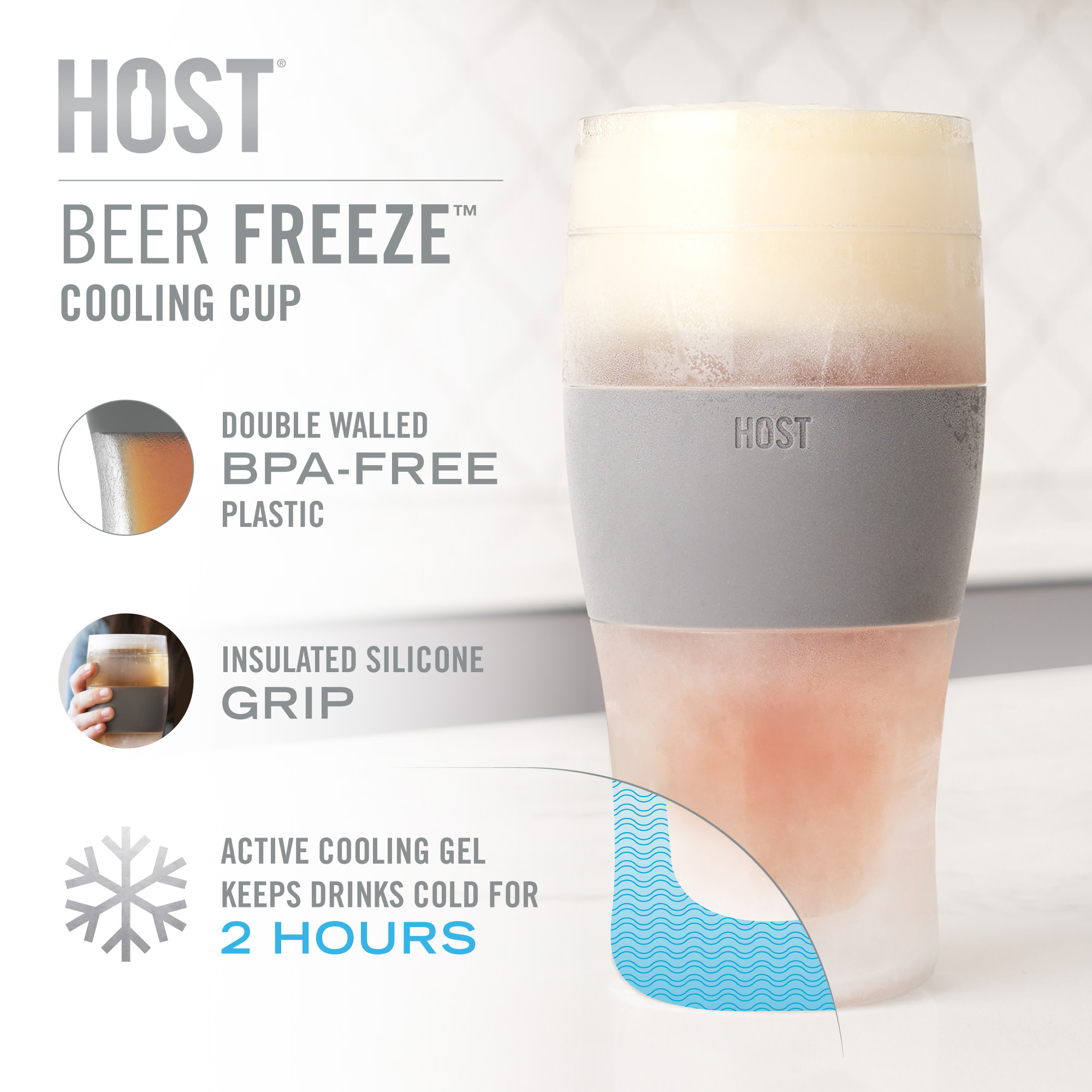 Host Freeze Beer Glasses - Double Walled Insulated Plastic Pint Glasses, Grey - image 5 of 13
