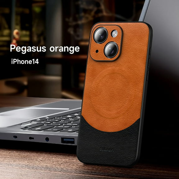 Allytechgroup Slim Case for iPhone 14, Strong Magnetic [Compatible with MagSafe] Business Case, Luxury PU Leather Screen Lens Protection Shockproof Cover Case for iPhone 14, Orange