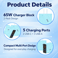 thumbnail image 3 of QINIUXO 2 Pack USB C Wall Charger, 5-Port Fast Charging Block, Each with Up to 65W Total Output, 2 USB C and 3 USB A Ports, Blue, 3 of 7