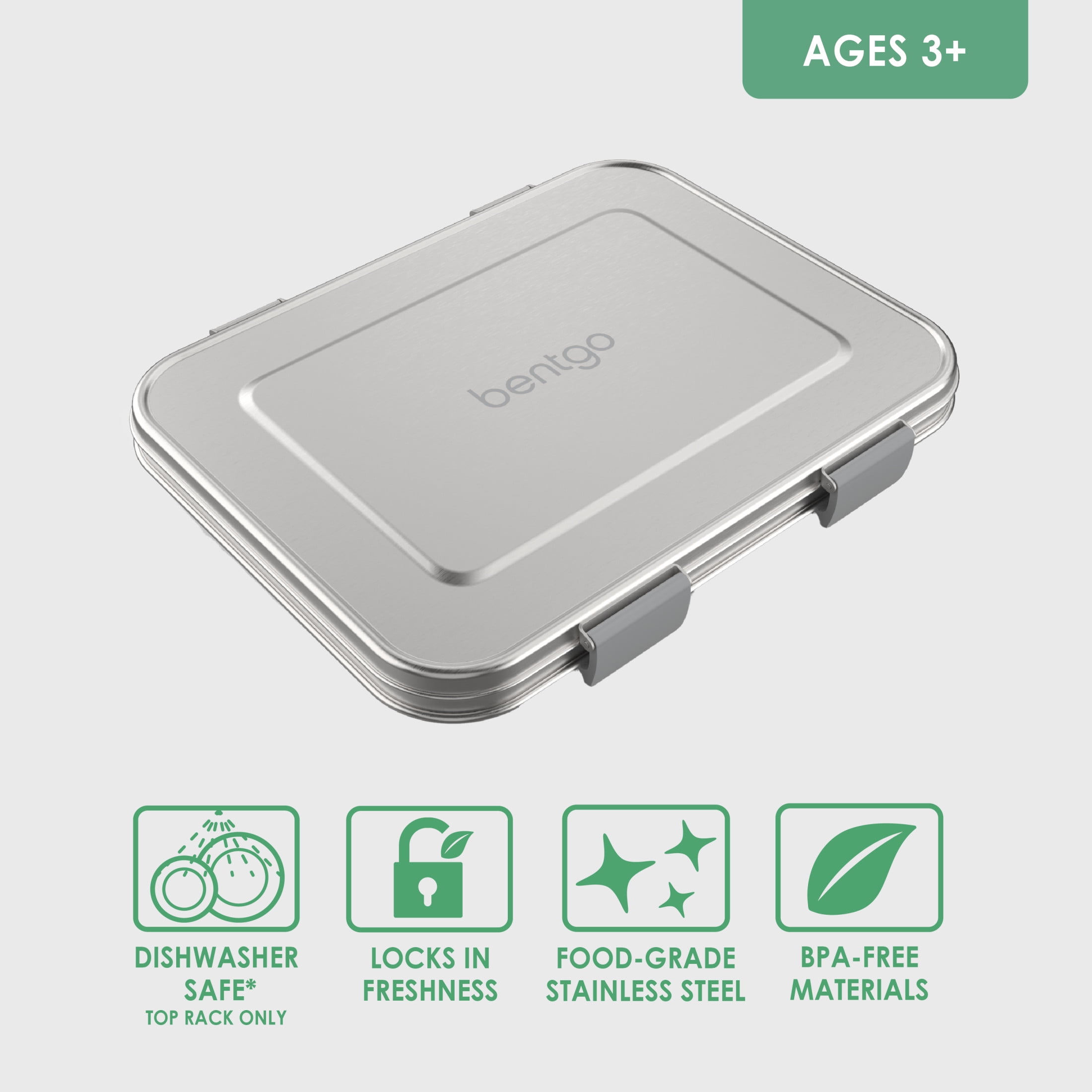 Bentgo Kids Stainless Steel Leak-Resistant Lunch Box - 3-Compartments with Bonus Silicone Container, Durable, Eco-Friendly, Dishwasher Safe, BPA-Free, Ideal for School, Ages 3+ (Silver)