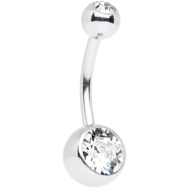 Belly Button Ring Double Jewel High Polish Surgical Steel featuring a 316L high-polish surgical steel shaft with two clear sparkling gems. The top ball measures 5mm, and the bottom ball measures 8mm. Designed in a 14-gauge size and nickel-free for safe wear.