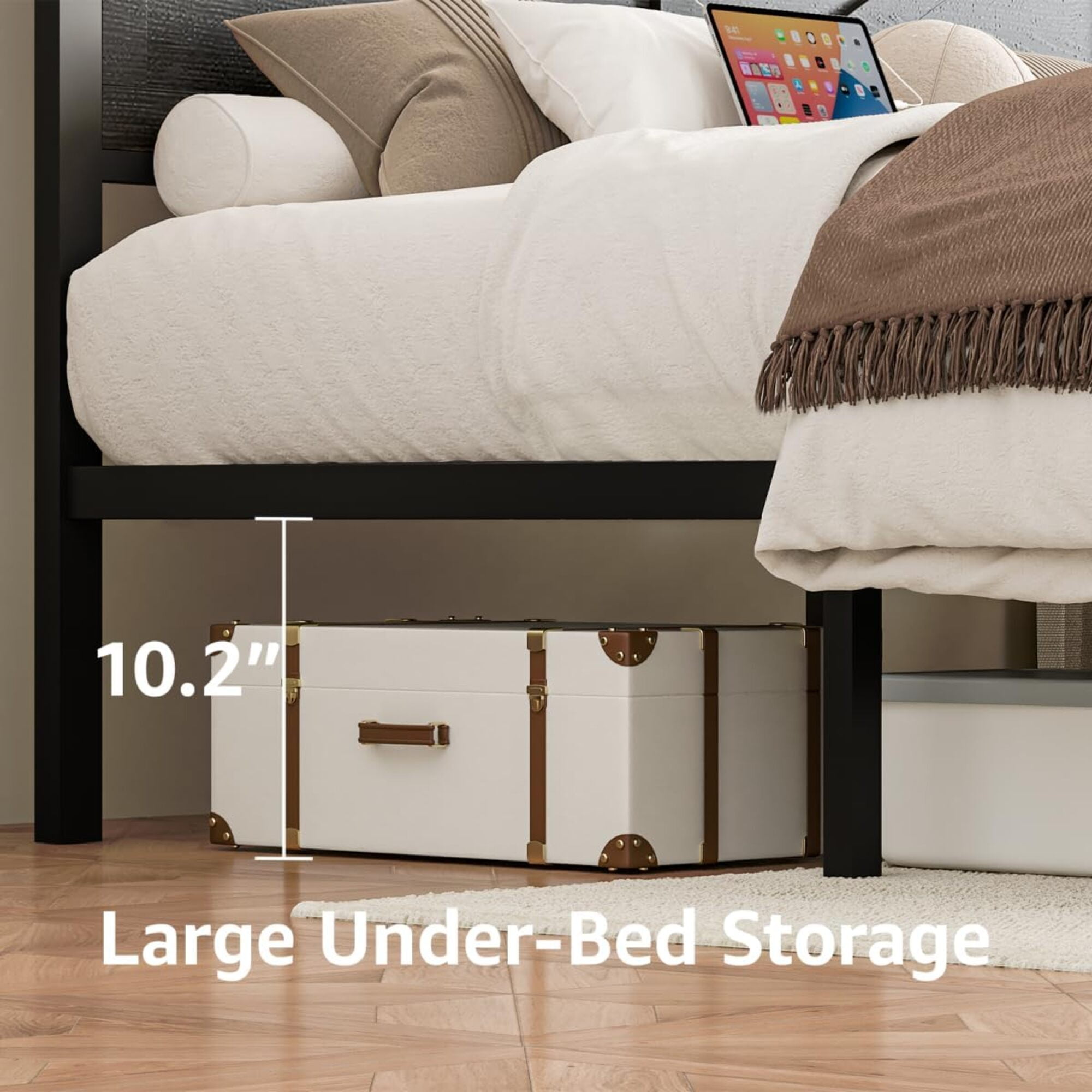 Queen Size Bed Frame with Storage Drawers & Barn Door Headboard, Industrial Farmhouse Platform Bed with LED Lights & Charging Station, No Box Spring Needed (Black)