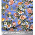 thumbnail image 1 of Soimoi Blue Cotton Cambric Fabric Leaves,Bird & Peach Floral Decor Fabric Printed BTY 56 Inch Wide, 1 of 1
