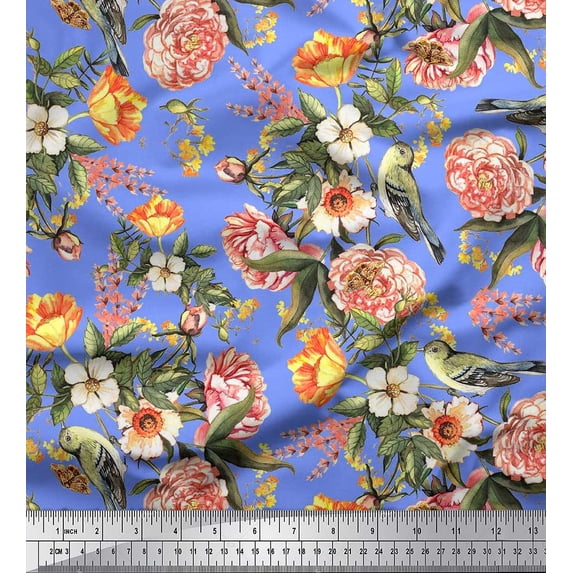 Soimoi Blue Japan Crepe Satin Fabric Leaves,Bird & Peach Floral Decor Fabric Printed BTY 42 Inch Wide