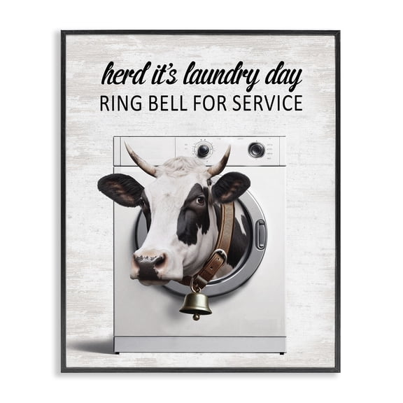 Stupell Industries Ring Bell Laundry Service Cow Quotes and Sayings Painting Black Framed Art Print Wall Art, 11 x 14